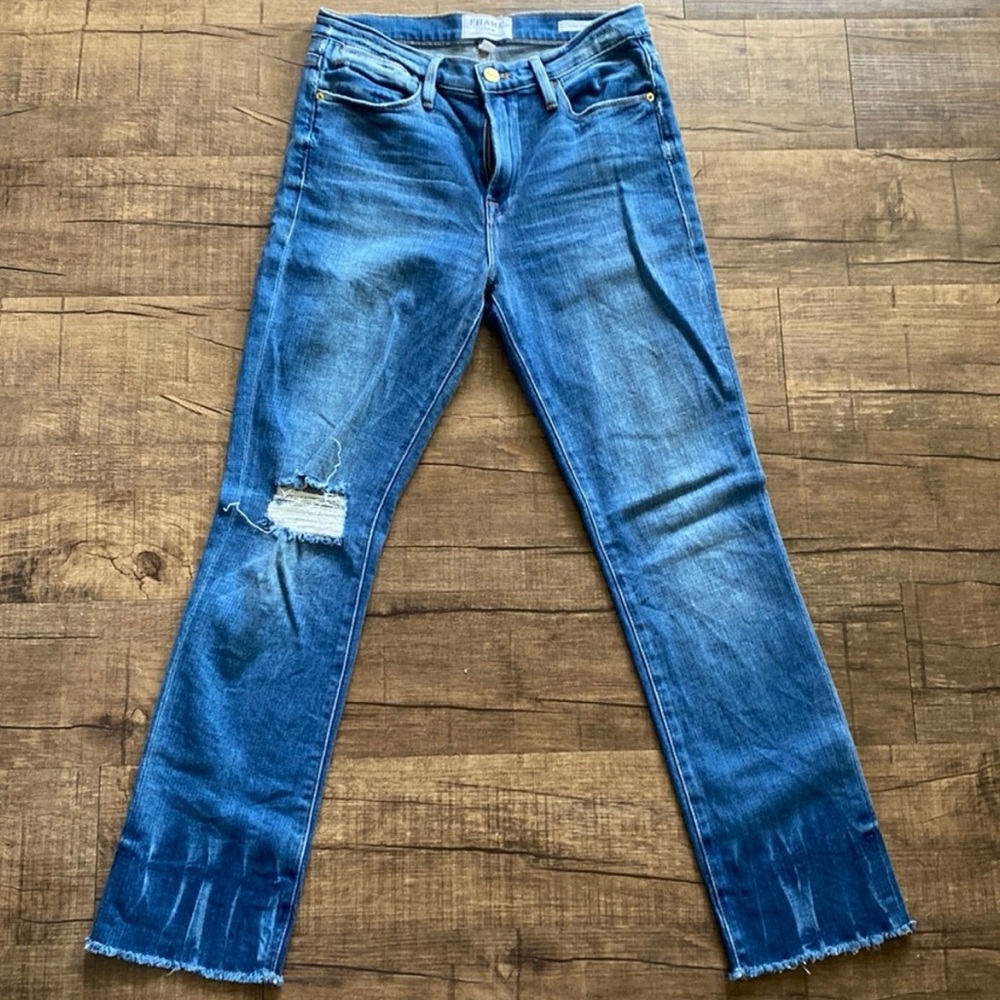 FRAME Le High Straight Jeans in Merriweather, distressed, 27